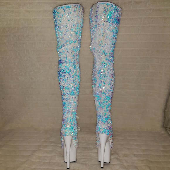 White Ice Multi Stretch Sequin Platform 7" Heels Thigh High Boots 3020 - Picture 12 of 13
